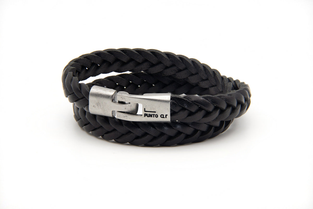 Pulsera Trenza doble de cuero negro de dos vueltas