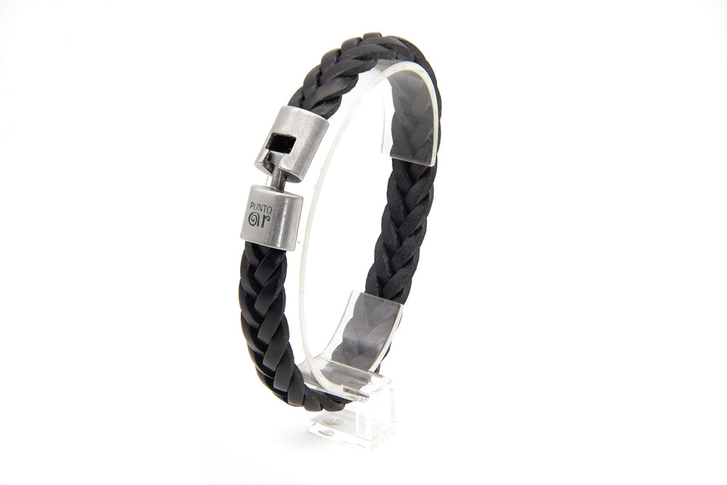 Pulsera Trenza nueva de cuero trenzado negro en pedestal