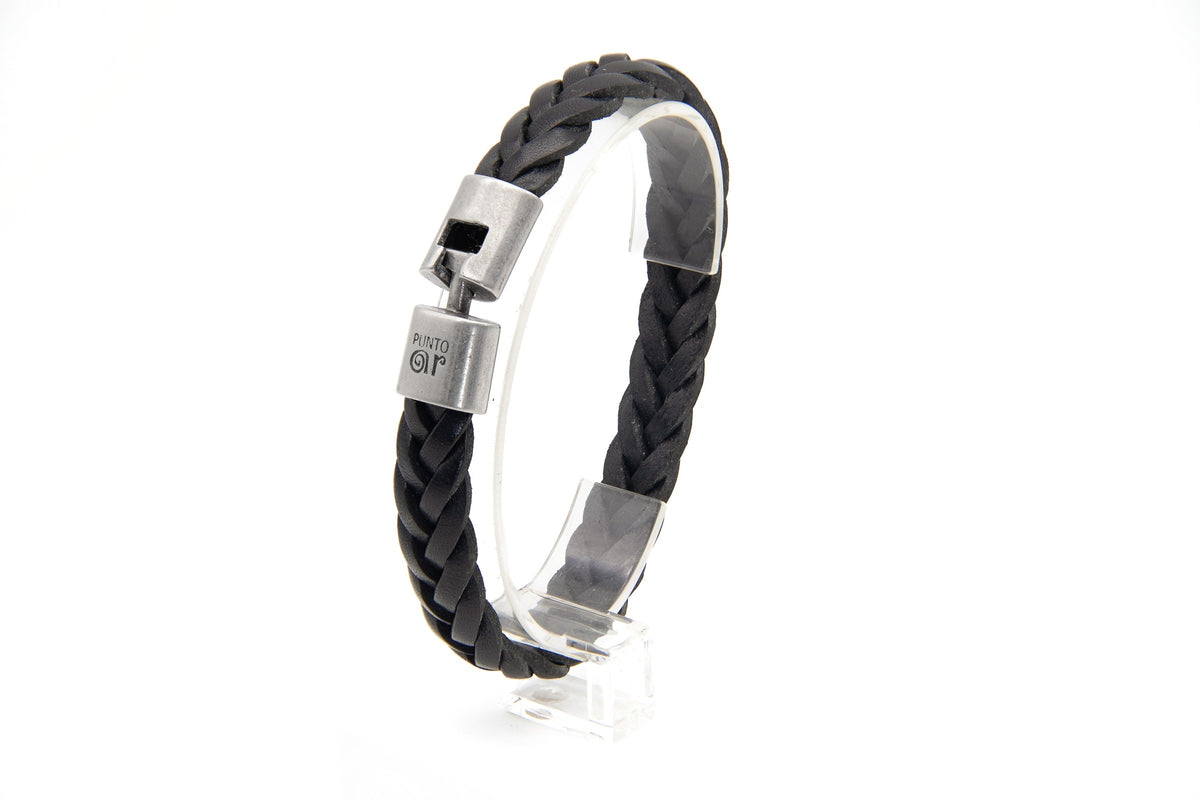Pulsera Trenza nueva de cuero trenzado negro en pedestal