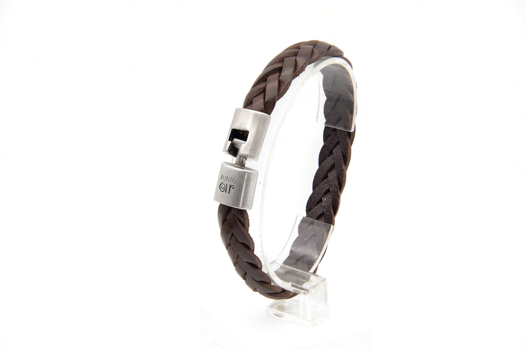 Pulsera Trenza nueva de cuero trenzado marrón en pedestal