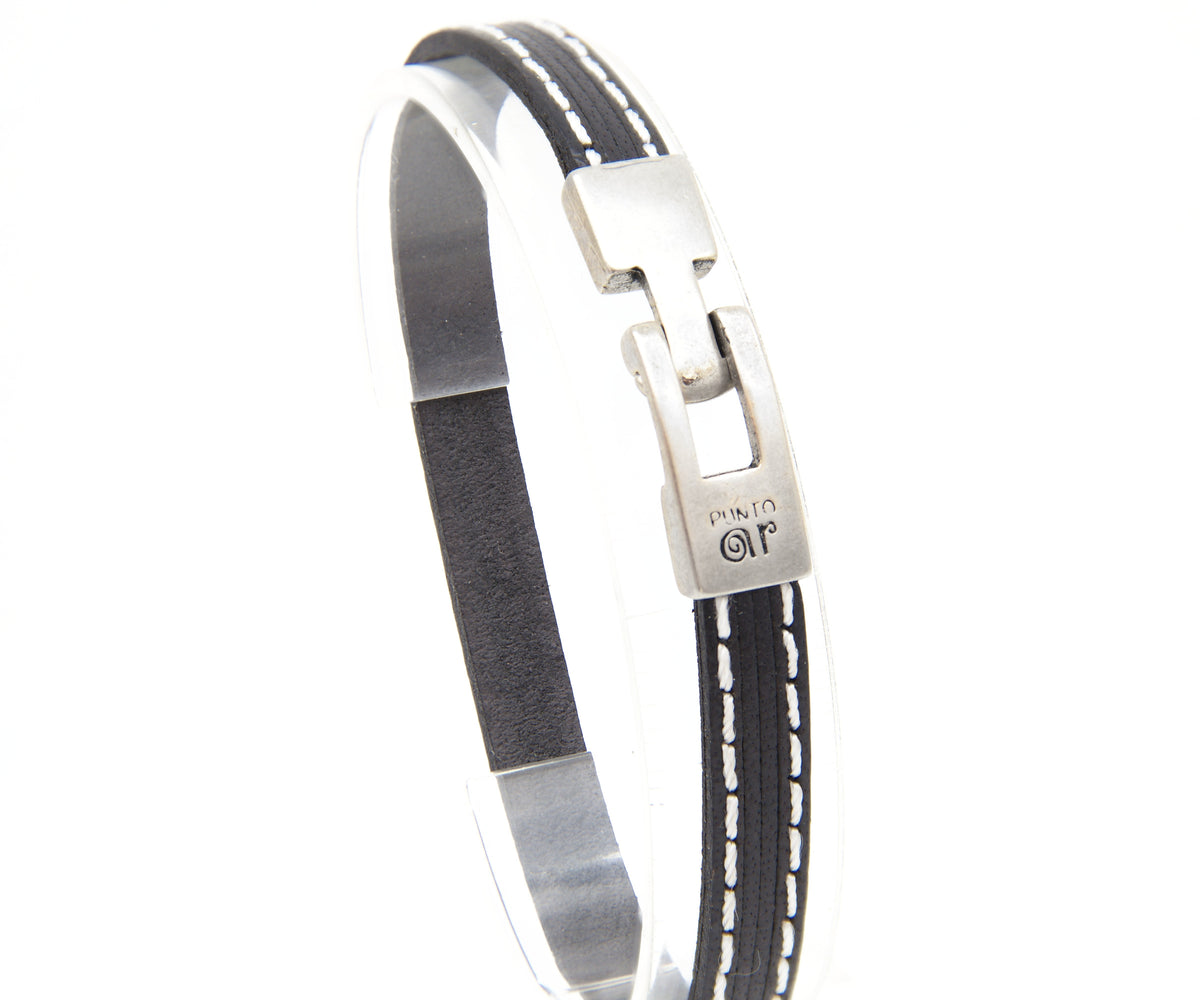 Pulsera Cuero y Cordón Bicolor en negro, hecha a mano – PuntoAR
