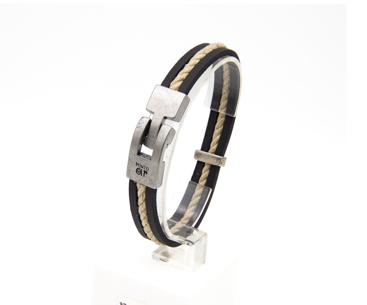 Pulsera Cuero y Soga Bicolor - PuntoAR - BR-115-NEG-XXS