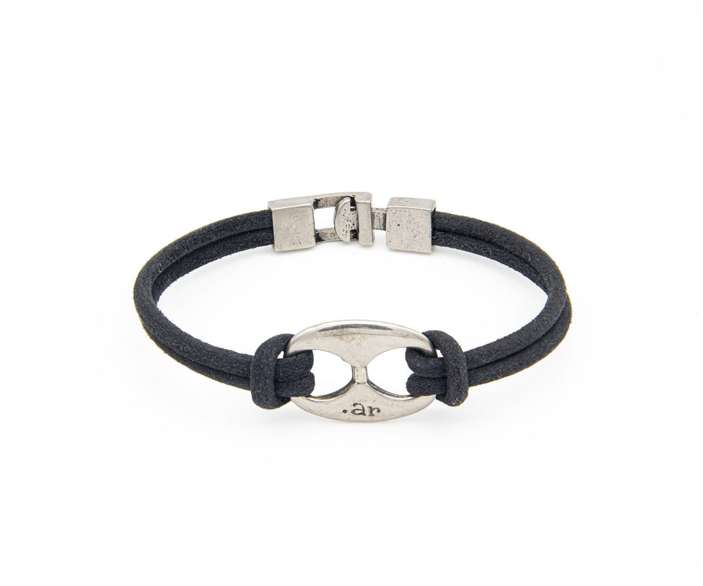 Pulsera Eslabón .ar de doble cordón de cuero negro con eslabón marinero de metal – PuntoAR